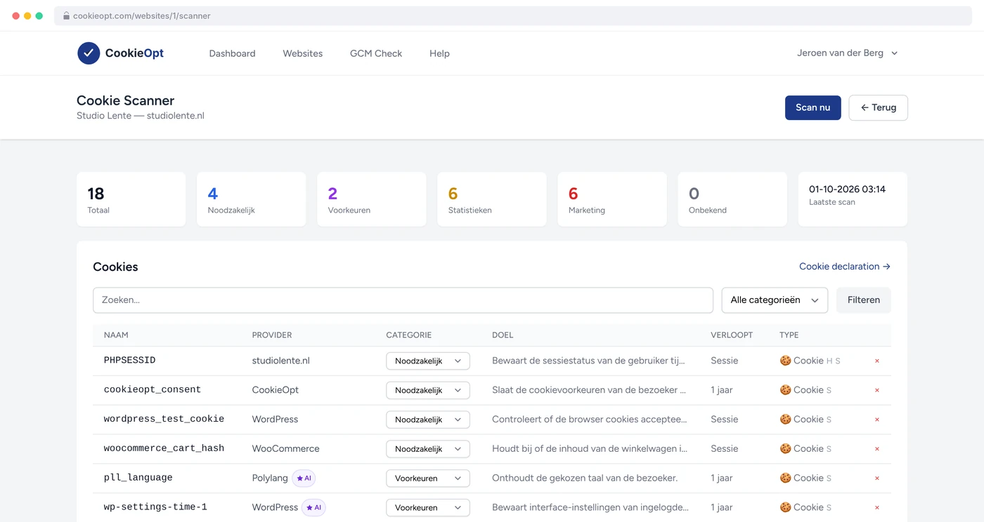 Scanresultaat in CookieOpt: gevonden cookies per categorie met provider, doel en bewaartermijn